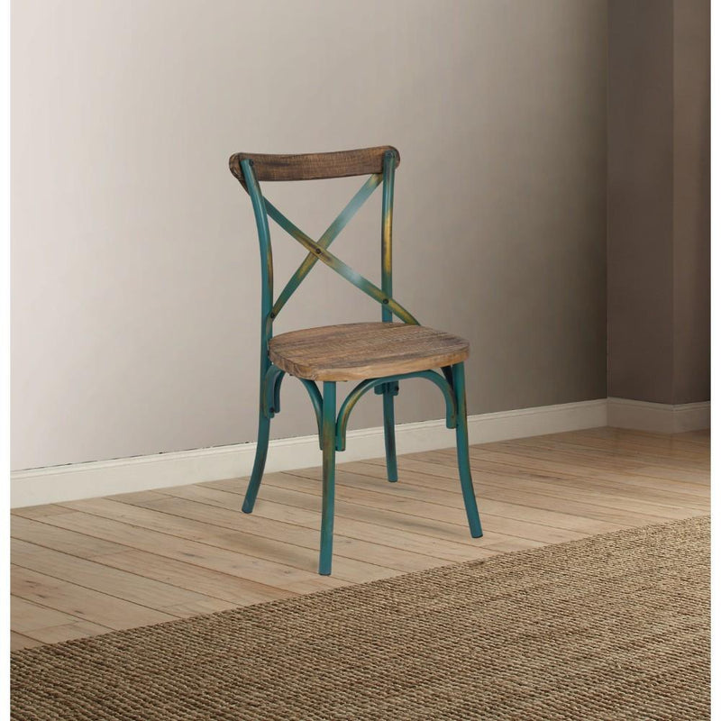 Industrial Style Wooden and Metal Frame Side Chair, Brown and Turquoise-Accent Chairs-Brown and Blue-Metal and Wood-JadeMoghul Inc.