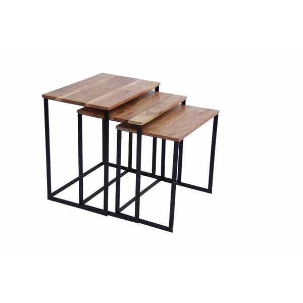 Industrial style Wooden Nesting Coffee End Tables With Metal Base Set Of 3-Console Tables-Brown-Akacia Wood-JadeMoghul Inc.