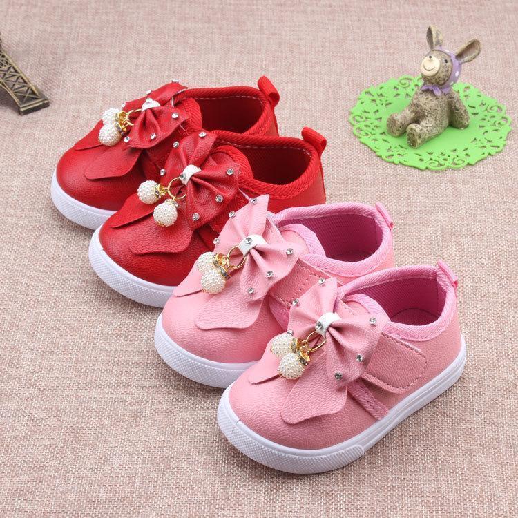 Insole 11.5-14cm New Girls Shoes Autumn Baby Toddler Shoes PU Bow Soft Non Slip Bottom Shoes-red A-6-JadeMoghul Inc.