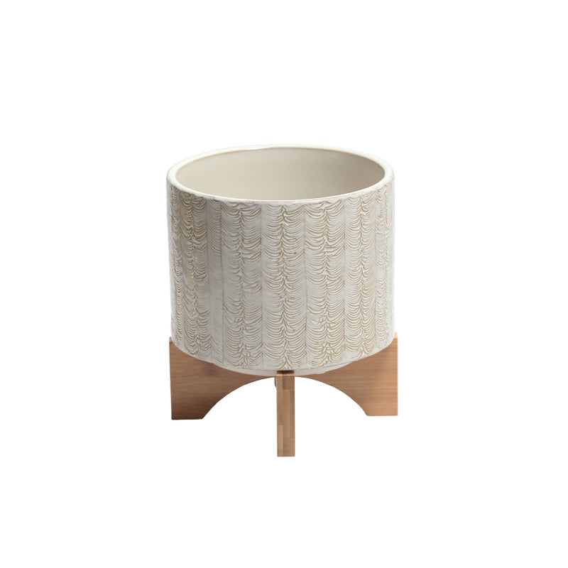 Intricately Designed Round Ceramic Planter with Wooden Stand, Large, White and Brown