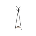 Iron Framed Coat Rack Stand with Six Hooks and Two Wooden Shelf, Black and Brown