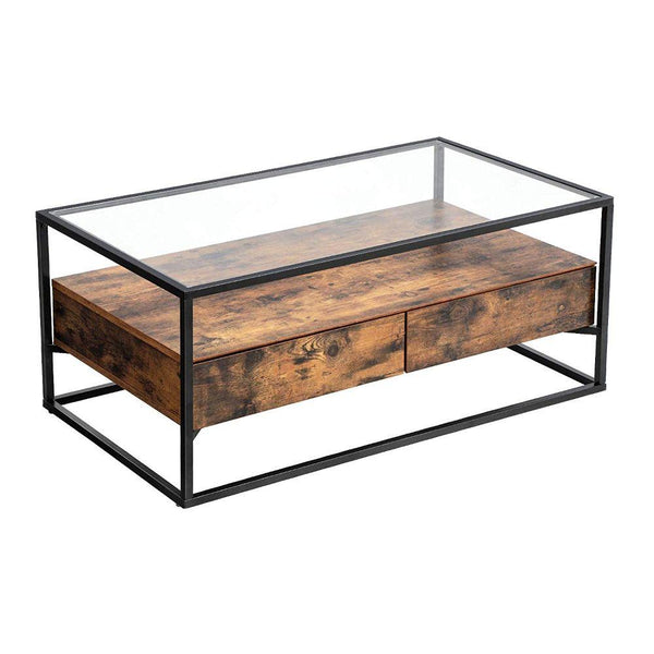 Iron Framed Coffee Table with Tempered Glass Top and Wooden Storage, Brown and Black-Coffee Tables-Brown and Black-Particleboard Tempered Glass and iron-JadeMoghul Inc.