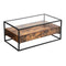 Iron Framed Coffee Table with Tempered Glass Top and Wooden Storage, Brown and Black-Coffee Tables-Brown and Black-Particleboard Tempered Glass and iron-JadeMoghul Inc.