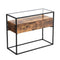 Iron Framed Console Table with Tempered Glass Top and Wooden Storage, Brown and Black-Console Tables-Brown and Black-Particleboard Tempered Glass and iron-JadeMoghul Inc.
