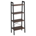 Iron Framed Ladder Style Storage Shelf with Four Wooden Shelves, Brown and Black