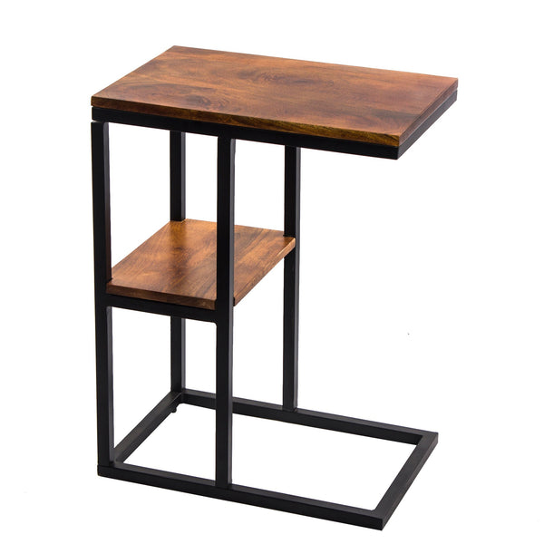 Iron Framed Mango Wood Accent Table with Lower Shelf, Brown-Accent Tables-Brown-Mango Wood and Iron-JadeMoghul Inc.