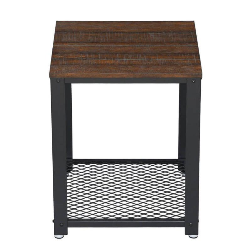 Iron Framed Nightstand with Wooden Top and Wire Mesh Open Shelf, Brown and Black