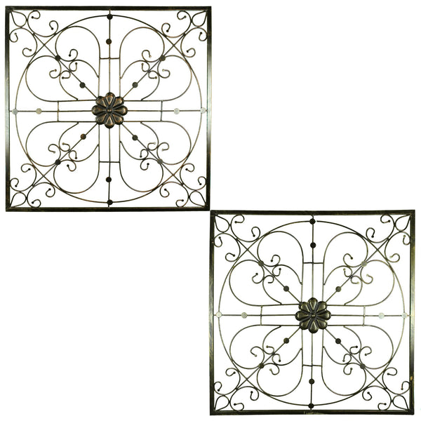Iron Wall Decor with Flower Accent and Squared Framed Design, Assortment of Two, Bronze-Metal Wall Decor-Bronze-Iron-JadeMoghul Inc.