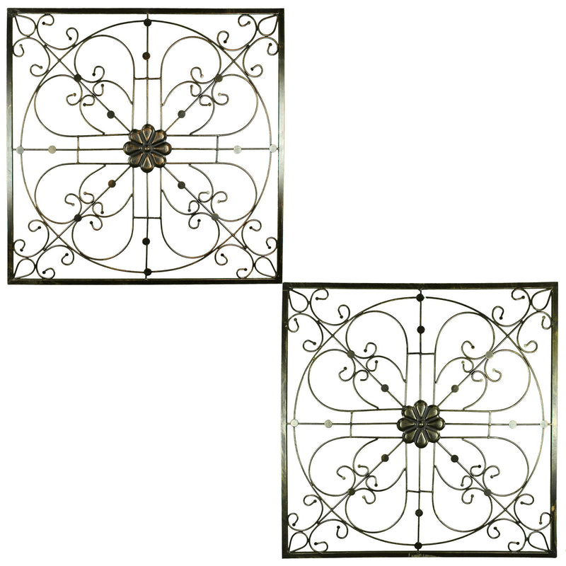 Iron Wall Decor with Flower Accent and Squared Framed Design, Assortment of Two, Bronze-Metal Wall Decor-Bronze-Iron-JadeMoghul Inc.