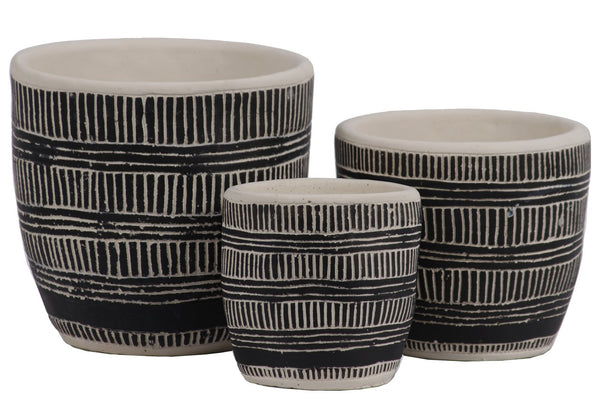 Irregular Stoneware Pot With Embossed Lattice Lines Design, Set of 3, Black-Home Accent-Black-Stone-Painted Finish-JadeMoghul Inc.