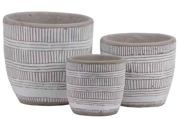 Irregular Stoneware Pot With Embossed Lattice Lines Design, Set of 3, White-Home Accent-White-Stone-Painted Finish-JadeMoghul Inc.