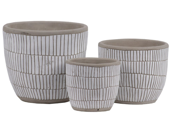 Irregular Stoneware Pot With Embossed Lattice Rectangle Design, Set of 3, White-Home Accent-White-Stone-Painted Finish-JadeMoghul Inc.