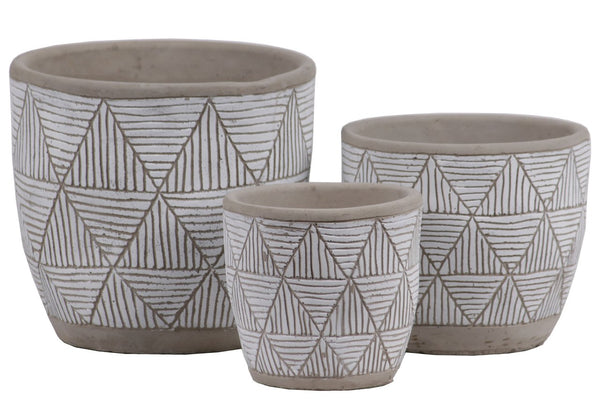 Irregular Stoneware Pot With Embossed Lattice Triangle Design, Set of 3, Gray-Home Accent-Gray-Stone-Washed Finish-JadeMoghul Inc.