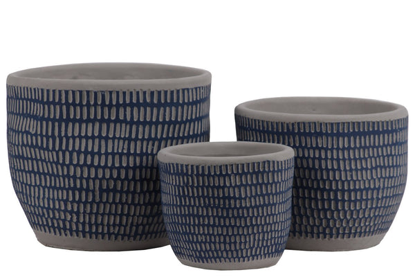 Irregular Stoneware Pot With Engrave Lattice Oblong Design, Set of 3, Blue-Home Accent-Blue-Stone-Painted Finish-JadeMoghul Inc.