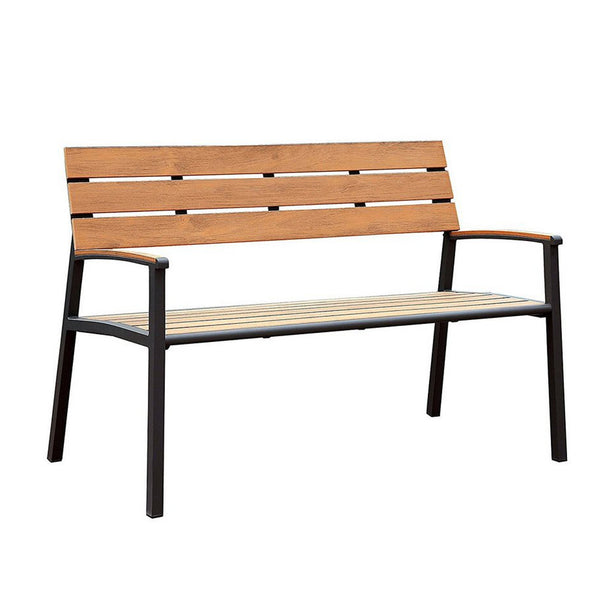 Isha Transitional Style Patio Bench, Oak-Outdoor Benches-Oak-Wood Metal-JadeMoghul Inc.