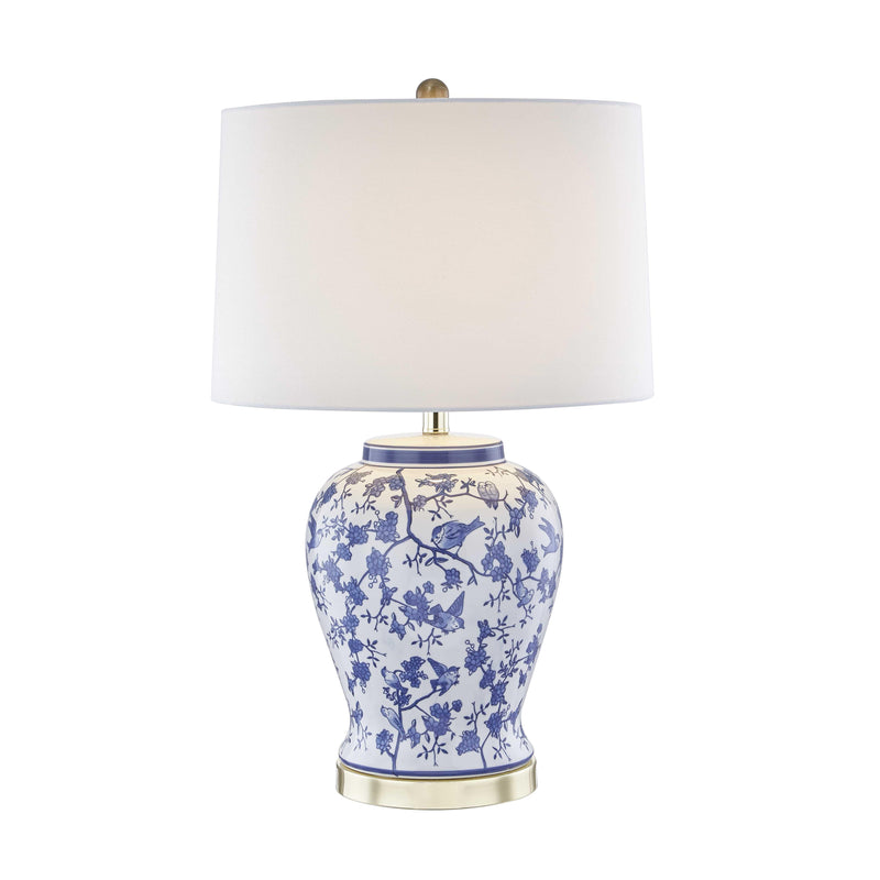 Transitional Ceramic Jar Lamp with Floral Pattern, Blue and White
