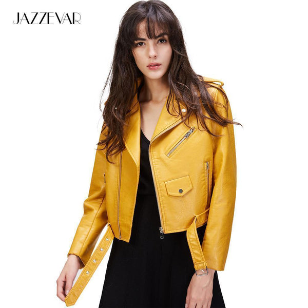 JAZZEVAR New Autumn Fashion Street Women's Short Washed PU Leather Jacket Zipper Bright Colors Ladies Basic Jackets Good Quality-Black-XS-JadeMoghul Inc.