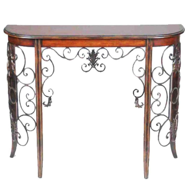 Jazzy Wooden And Metal Table-Console Tables-Brown and Orange-Wood and Metal-Polished-JadeMoghul Inc.