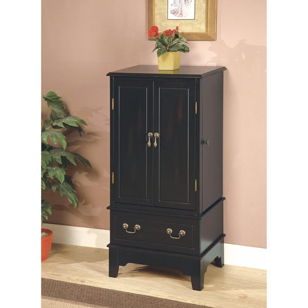 Jewelry Armoire With Felt Lined Doors And Drawers, Black-Jewelry Armoires-Black-Wood-JadeMoghul Inc.