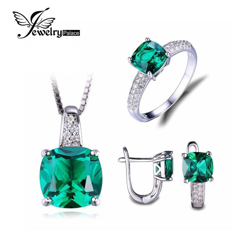 JewelryPalace 8.7ct Emerald Ring Pendant Clip Earrings Jewelry Set 925 Sterling Silver Fine Jewelry 45cm Box Chain-Asian Size 6-JadeMoghul Inc.