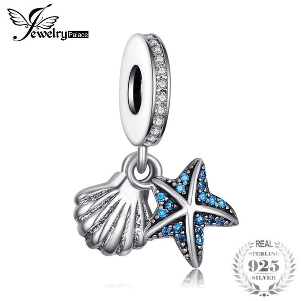 Jewelrypalace 925 Sterling Silver Tropical Sea Star Shell Blue Cubic Zirconia Charm Bracelets Gifts For Women Fashion Jewelry--JadeMoghul Inc.