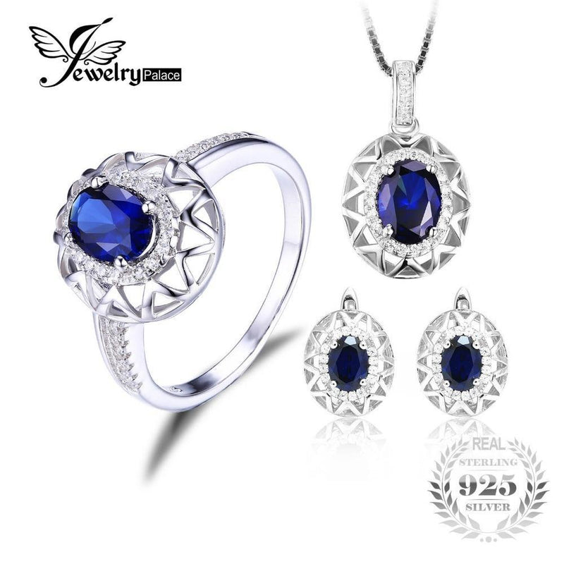 Jewelrypalace Oval 925 Sterling Silver Jewelry Set Blue Created Sapphire Ring Pendant Earring Clip Brand For Women Fine Jewelry-6-JadeMoghul Inc.
