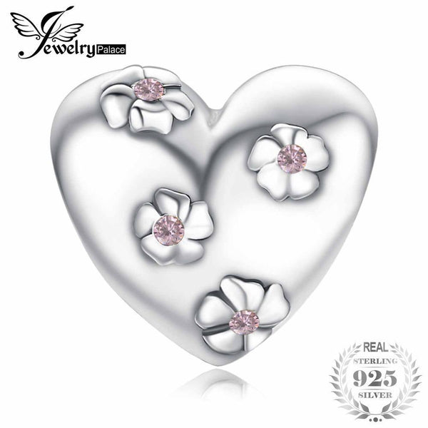 JewelryPalace Romantic Love Flower Heart Created Pink Sapphire 925 Sterling Silver Charm Beads 2018 New Hot Sale For Women--JadeMoghul Inc.