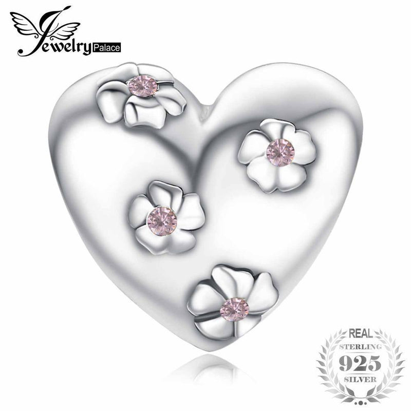 JewelryPalace Romantic Love Flower Heart Created Pink Sapphire 925 Sterling Silver Charm Beads 2018 New Hot Sale For Women--JadeMoghul Inc.