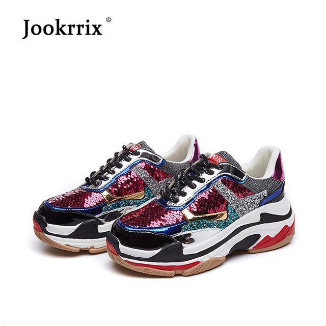 Jookrrix 2018 Autumn Girl New Fashion Brand Shoes Women Glitter Sneakers Cross-tied Sequins Lady Platform Shoes Bling Breathable-Purple-5-JadeMoghul Inc.