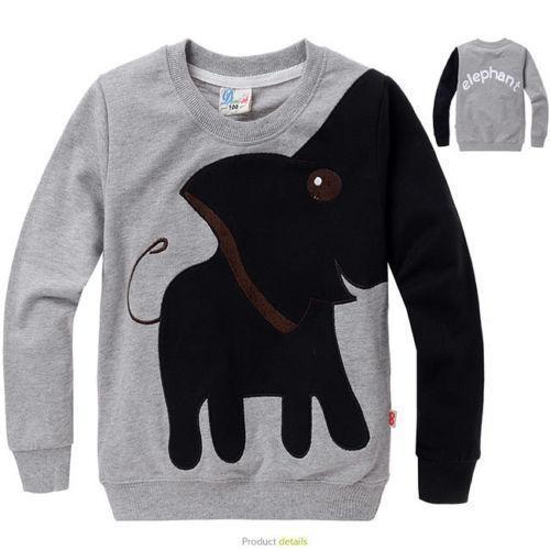 Kids Boys Long Sleeve Tops Color Block Animal Elephant Sweater T-shirt Size 3-8Y-Grey-3T-JadeMoghul Inc.