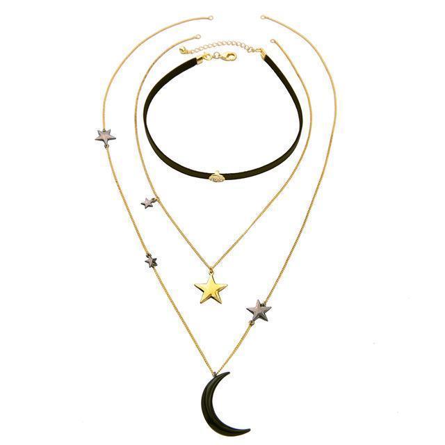 KISS ME New Popular Choker Necklace Three Layers Alloy Stars Moon Necklaces for Women Fashion Jewelry--JadeMoghul Inc.