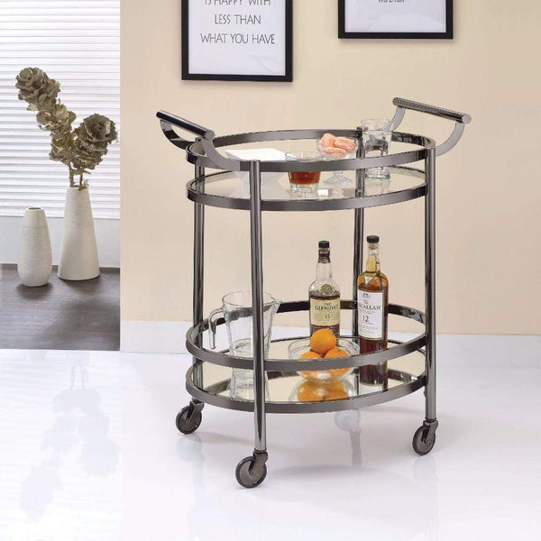 Kitchen Islands and Kitchen Carts Oval Metal Serving Cart, Clear Glass & Black Nickel Benzara
