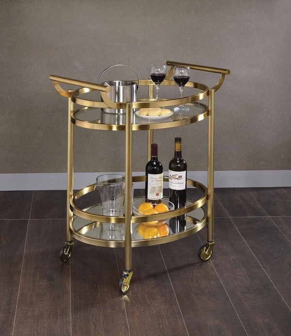 Kitchen Islands and Kitchen Carts Oval Metal Serving Cart, Clear Glass & Gold Benzara