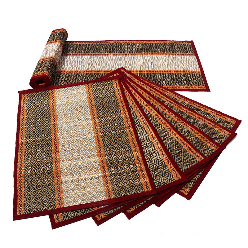 Kitchenware Set of 6 Hand Woven Placemats & Table Runner In Grass Brand Benzara
