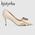 Kjstyrka 2018 New High Heels Shoes Women Pumps Stiletto Thin Heel Pointed Toe Bowtie Bee Matal Decoration Zapatos Shallow Dress-Beige-35-JadeMoghul Inc.