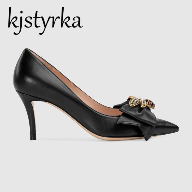 Kjstyrka 2018 New High Heels Shoes Women Pumps Stiletto Thin Heel Pointed Toe Bowtie Bee Matal Decoration Zapatos Shallow Dress-Black-35-JadeMoghul Inc.