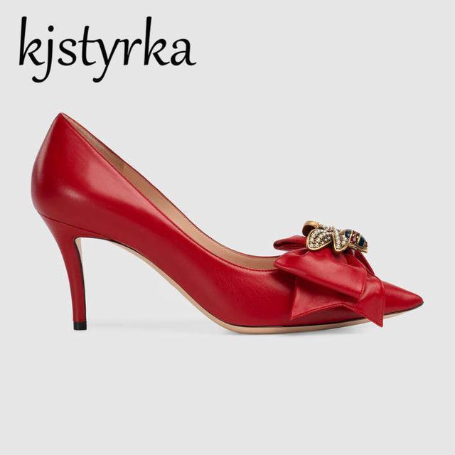 Kjstyrka 2018 New High Heels Shoes Women Pumps Stiletto Thin Heel Pointed Toe Bowtie Bee Matal Decoration Zapatos Shallow Dress-Red-35-JadeMoghul Inc.