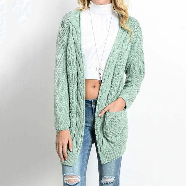 Knitted Cable Long Cardigan-Light Green-S-JadeMoghul Inc.