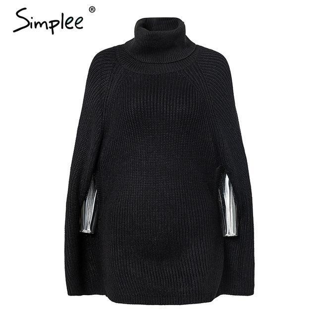 Knitted Turtleneck Cloak Sweater-Black-One Size-JadeMoghul Inc.