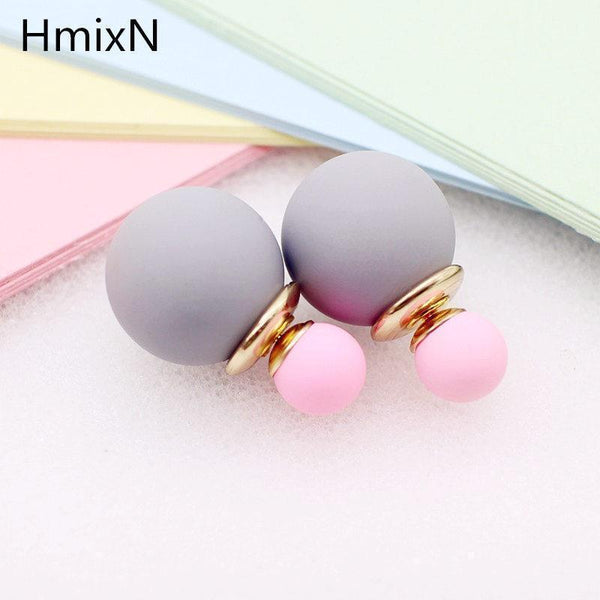korea simulated Pearl ball Stud Earring Bead Double Side Earring Scrub Dull two Face Way Party Date pendientes Jewelry For Women-gray pink-JadeMoghul Inc.