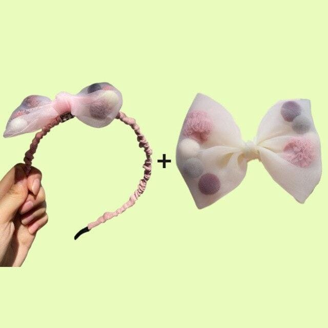 Korean new princess style colorful plush ball net yarn lace bow duck bill clip side clip hair accessories  pink AExp