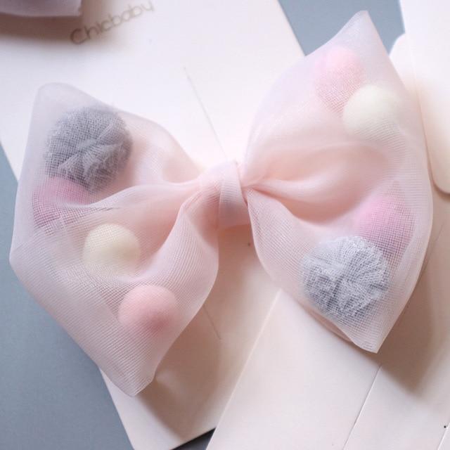 Korean new princess style colorful plush ball net yarn lace bow duck bill clip side clip hair accessories  pink JadeMoghul Inc. 