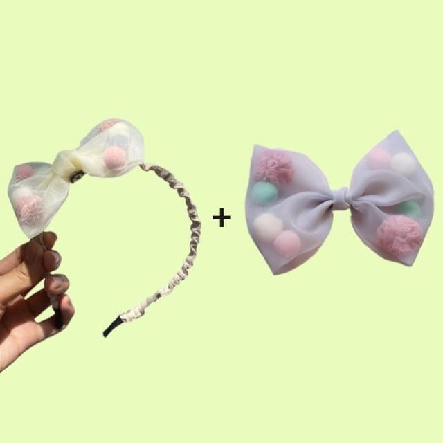 Korean new princess style colorful plush ball net yarn lace bow duck bill clip side clip hair accessories  pink JadeMoghul Inc. 