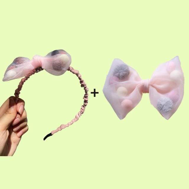 Korean new princess style colorful plush ball net yarn lace bow duck bill clip side clip hair accessories  pink JadeMoghul Inc. 