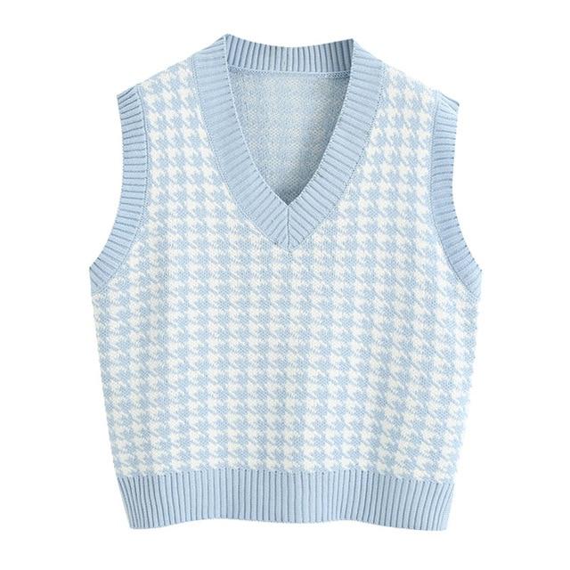 KPYTOMOA Women 2020 Fashion Oversized Houndstooth Knitted Vest Sweater Vintage Sleeveless Side Vents Female Waistcoat Chic Tops JadeMoghul Inc. 