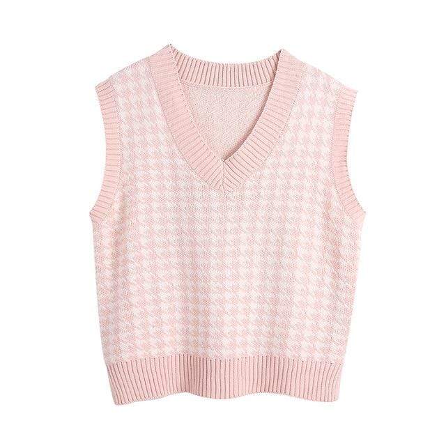 KPYTOMOA Women 2020 Fashion Oversized Houndstooth Knitted Vest Sweater Vintage Sleeveless Side Vents Female Waistcoat Chic Tops JadeMoghul Inc. 