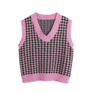 KPYTOMOA Women 2020 Fashion Oversized Houndstooth Knitted Vest Sweater Vintage Sleeveless Side Vents Female Waistcoat Chic Tops JadeMoghul Inc. 