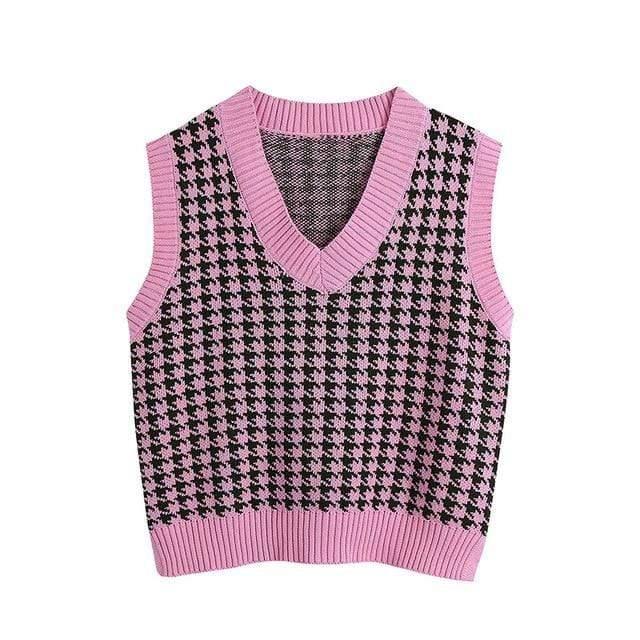 KPYTOMOA Women 2020 Fashion Oversized Houndstooth Knitted Vest Sweater Vintage Sleeveless Side Vents Female Waistcoat Chic Tops JadeMoghul Inc. 
