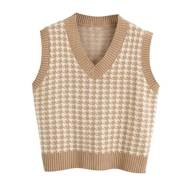 KPYTOMOA Women 2020 Fashion Oversized Houndstooth Knitted Vest Sweater Vintage Sleeveless Side Vents Female Waistcoat Chic Tops JadeMoghul Inc. 