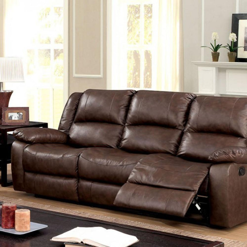 Kris Transitional Reclining Sofa, Brown-Sofas Sectionals & Loveseats-Brown-Leather-JadeMoghul Inc.